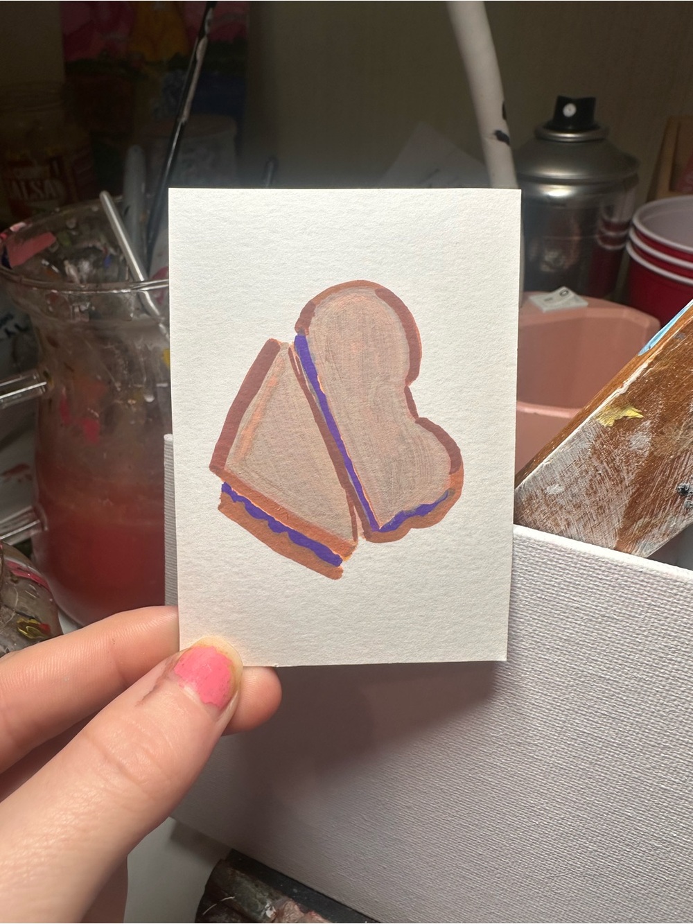 Hand-Painted Pink and Purple Heart Art Card by